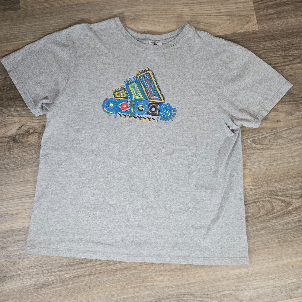 Vintage 90s Adidas T Shirt Mens L Scribble Paint Spellout Graphic Made in USA